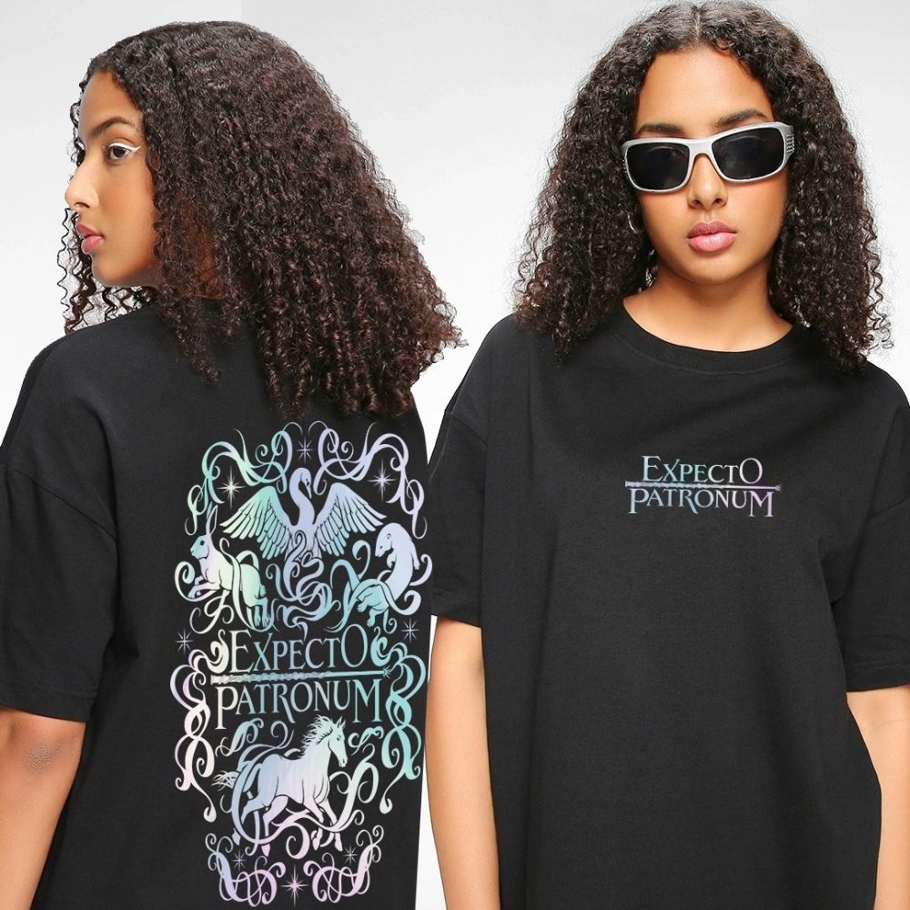 Women's Black Expecto Graphic Printed Oversized T-shirt - Side